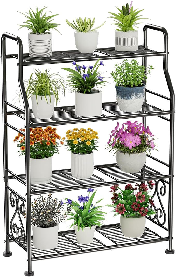GIOTORENT Plant Stand Outdoor Indoor 4 Tier Metal Waterproof - 41.3" Plant Shelf for Patio, Balcony, Living Room, Large Capacity Tiered Plant Rack, Black by GIOTORENT