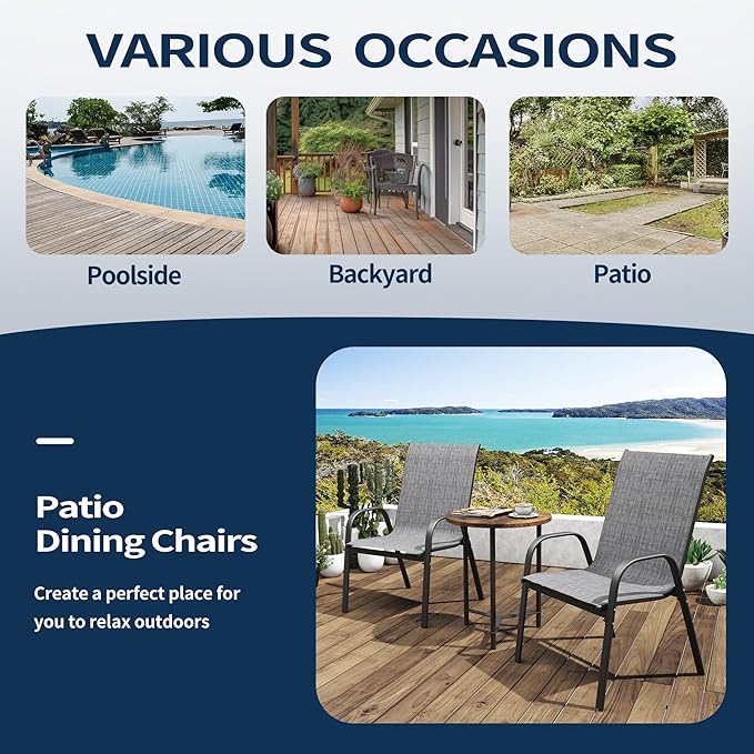 PIZZELLO Patio Chairs Set of 8 - Outdoor Stackable Dining Chairs for All Weather - Lightweight Textilene Outdoor Chair Sets with Armrests - 330Lbs Capacity - for Backyard Garden Porch Poolside (Grey) - Image 8