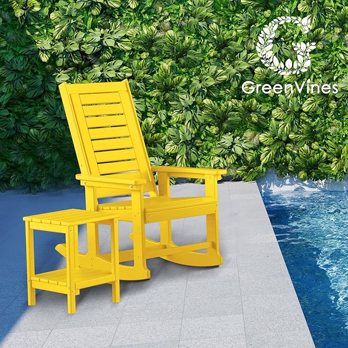 GREENVINES Outdoor Rocking Chair Set | 3-Piece | 2 Rocking Chairs with 1 Side Table | Porch Rocker | HDPE Plastic | Yellow | Patio Furniture Sets | High Back | Big & Tall | Ladder Back - Image 4