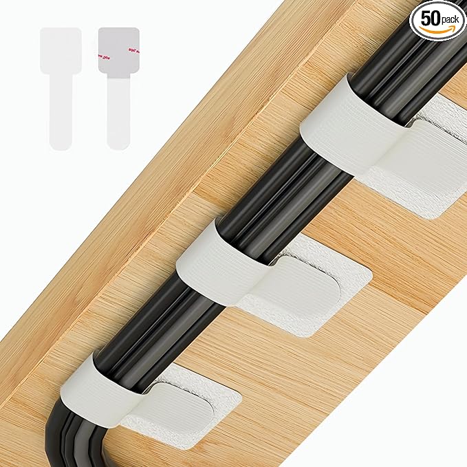 50 PCS Hook and Loop Cable Ties, Under Desk Cable Management, Self Adhesive by Abnii