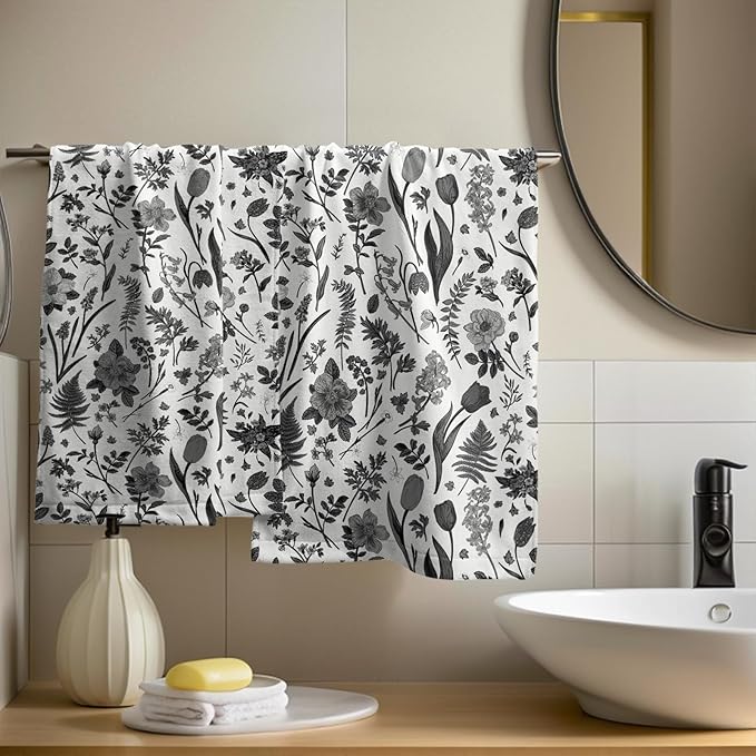 Spring Floral Hand Towels for Bathroom Set of 2 Black Grey White Flower Leaves - Image 6
