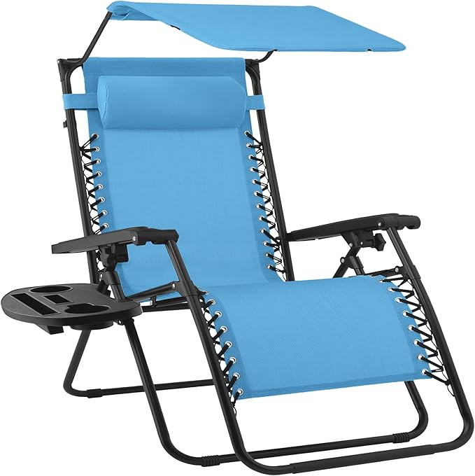 Best Choice Products 30” Wide Folding Zero Gravity Outdoor Recliner Patio Lounge Chair w/Adjustable Canopy Shade, Headrest, Side Accessory Tray - Light Blue by BestChoiceProducts