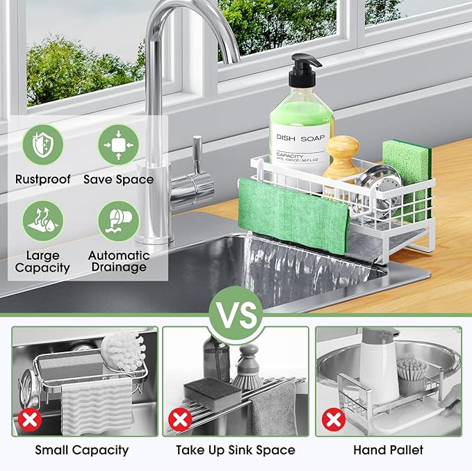 Self-Draining Kitchen Sink Caddy, Rustproof Non-Slip Sponge Holder - Image 3