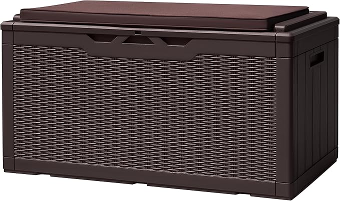 Devoko 100 Gallon Deck Box, Waterproof Resin Outdoor Storage Box with Cushion for Outside and Patio, Large Outdoor Storage Bench Cabinet Lockable for Patio Furniture and Garden Tools (Deep Brown) by DEVOKO