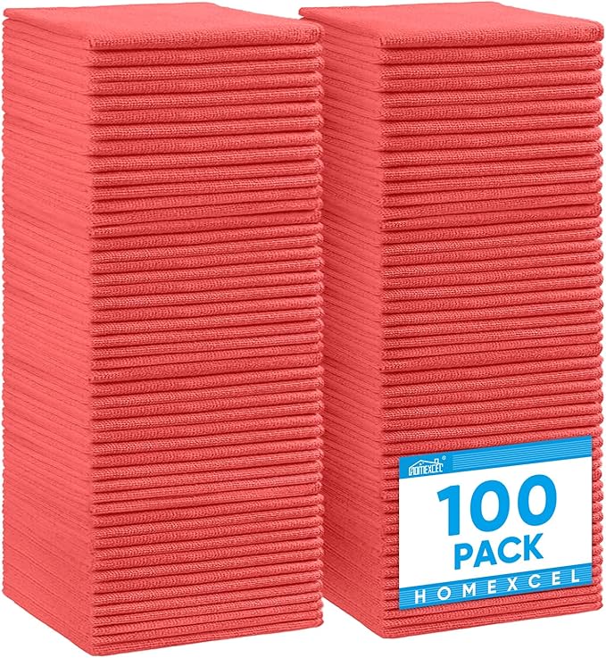 HOMEXCEL Red Microfiber Cleaning Cloth 100 Pack, Microfiber Towel by HOMEXCEL
