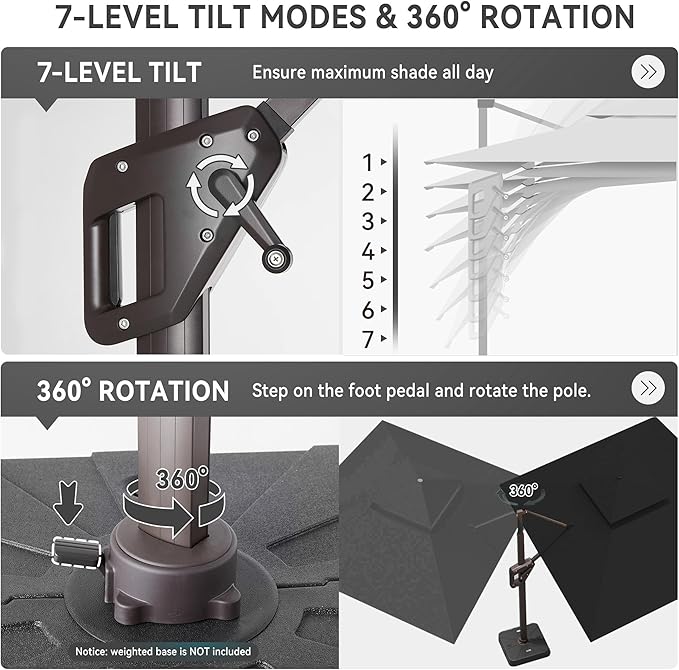 10 X 13 FT Cantilever Outdoor Patio Umbrella with Base Included Large Heavy Duty 360° Rotation Double Top Offset Rectangular Umbrellas with Led Lights for Backyard Outside Deck, Black - Image 4