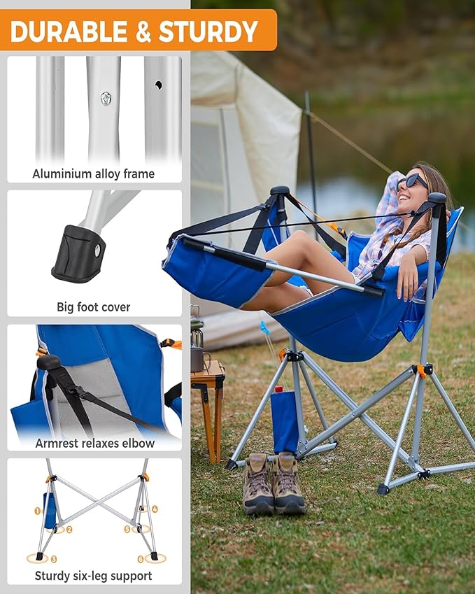 KingCamp Hammock Chair with Footrest – Heavy Duty Swinging Rocking Camping Chairs for Adults up to 400lbs, Folding Portable Oversized Rocker with Cup Holder & Pillow for Outdoor Beach Lawn RV Sports - Image 9