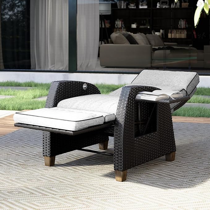 Grand patio Outdoor Reclining Chairs with Extended Footrest 2-Piece Adjustable Patio Wicker,Lounge Recliner up to 150° with Flip Side Table Griege - Image 4