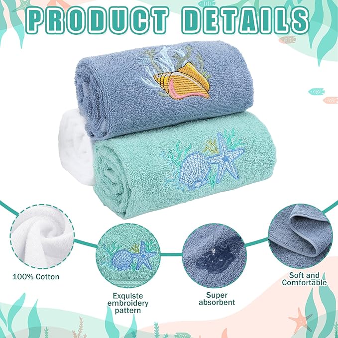 3 Pack Coastal Hand Towels for Bathroom 100% Cotton Embroidered Beach Bathroom - Image 3