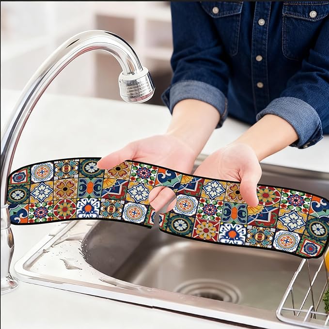 2 Pcs Kitchen Sink Splash Guard Faucet Mats Colored Bohemian Tiles Pattern - Image 6