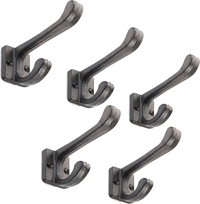 Ambipolar 5 Pack Decorative Cast Iron Heavy Duty Double Hooks, Wall Mounted - Image 5