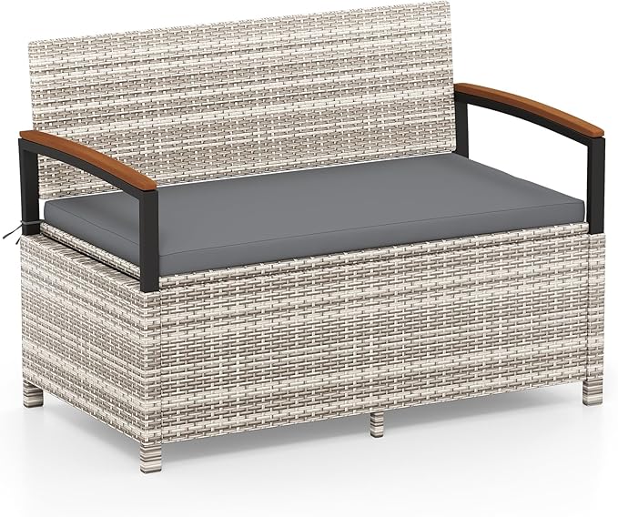 Tangkula 46 Gallon Outdoor Bench with Storage, Outdoor PE Rattan Storage Bench with Cushion, Backrest & Acacia Wood Armrests, Metal Frame, Waterproof Deck Box Seat for Porch Backyard Poolside by TANGKULA