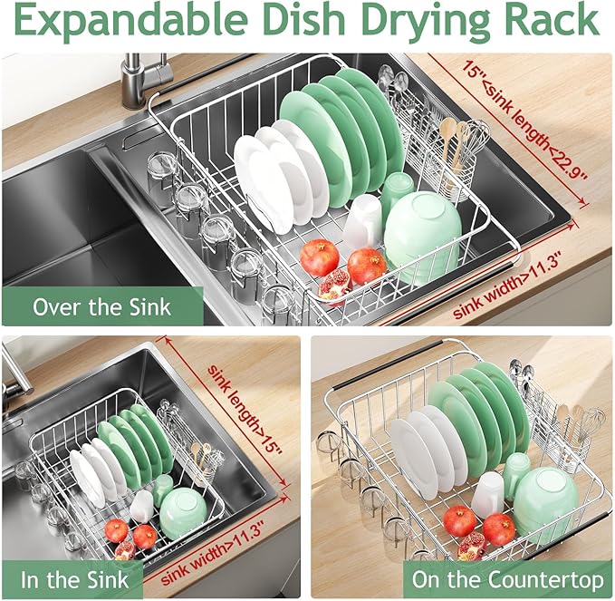 Dish Drying Rack in Sink, Extendable Stainless Steel Dish Drainers - Image 3