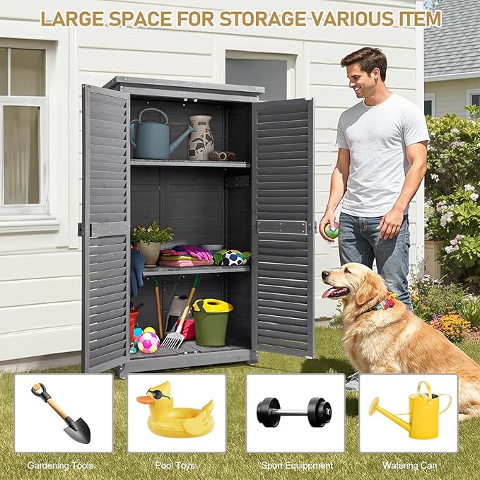Outvita Outdoor Storage Cabinet, 63in Wooden Garden Tools Shed with 2 Lockable Doors, 3 Adjustable Shelves, Waterproof Roof for Yard Garge Patio Deck Porch（Grey） - Image 7