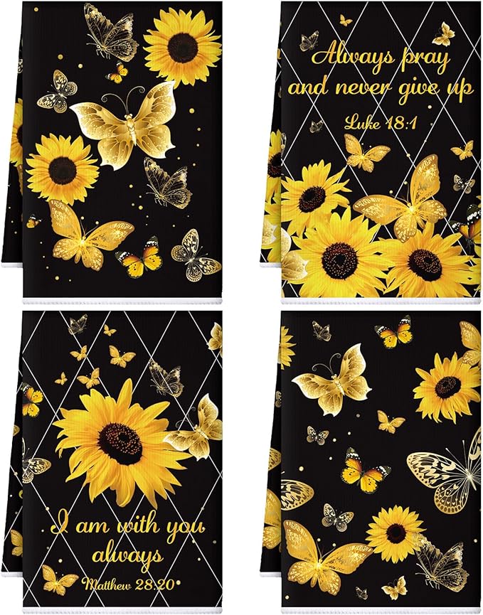 Bencailor 4 Pcs Sunflower Kitchen Towels Butterfly Flower Hand Dish Towels by Bencailor