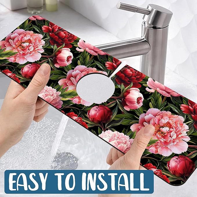 Blooming Peony Kitchen Sink Splash Guard Faucet Mat Pink Peony Flowers Super - Image 5