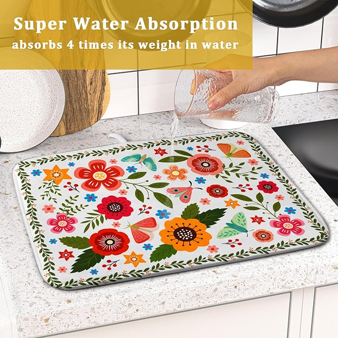 Colorful Boho Floral Dish Drying Mat 16x18 Inch Dishes Dry Pad Drainer Rack - Image 7