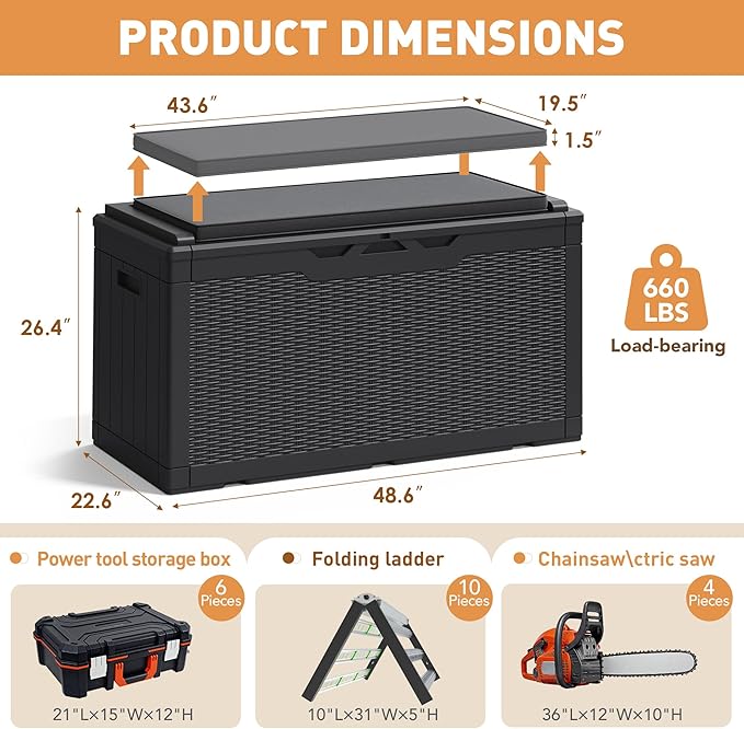 Greesum 100 Gallon Resin Deck Box Large Outdoor Storage Boxes with Cushions for Garden Tools, Patio Furniture Pillows, Pool Supplies, Black - Image 8