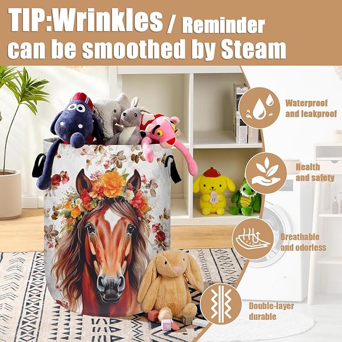 Watercolor Horse Laundry Basket, Foldable Waterproof Animals Floral Laundry - Image 5