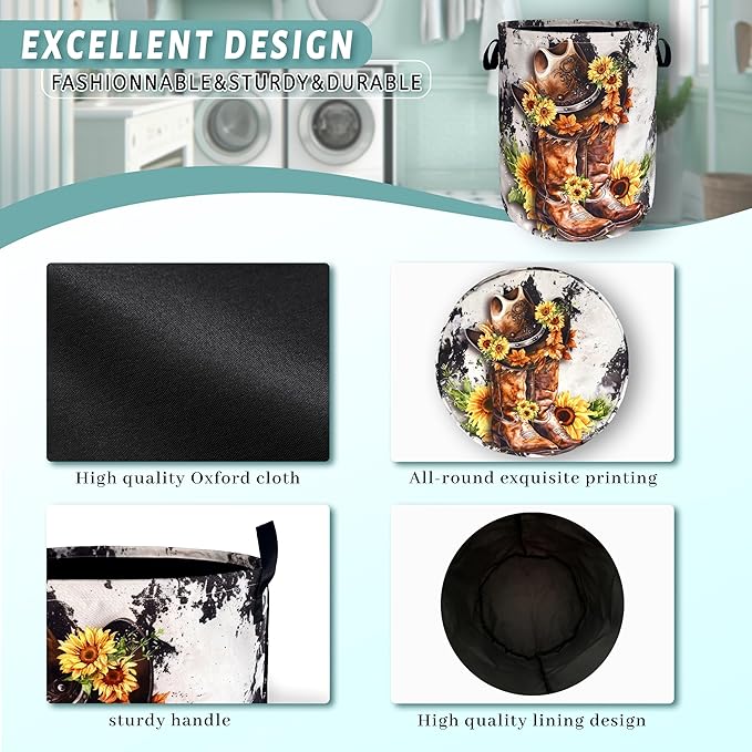 Retro Cows Laundry Basket Western Cowboy Foldable Funny Laundry Hamper Oxford - Image 4