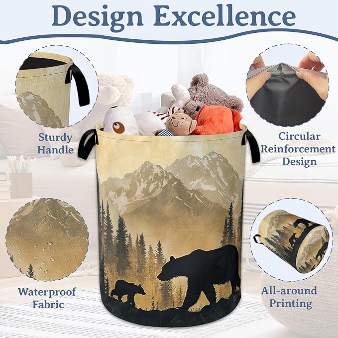 Bear Laundry Basket, Oxford Cloth Golden Mountain Forest Laundry Hamper - Image 4