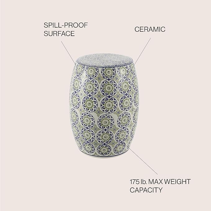 JONATHAN Y TBL1025A Lula 17.25" Suzani Ceramic Indoor/Outdoor Garden Stool, Blue/Green, Classic, Coastal, Bohemian, Traditional, Mediterranean, Cottage for Living Room, Garden, Outdoor, Home - Image 5