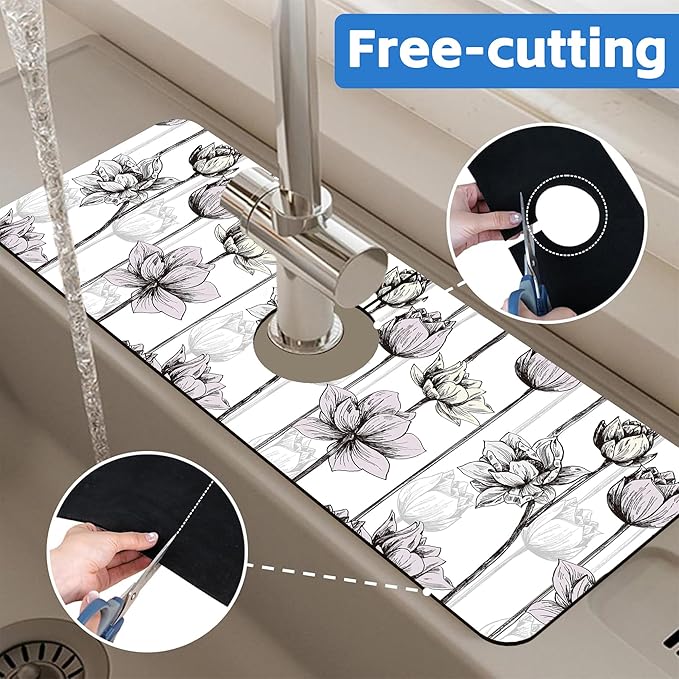 Water Lily Flower Kitchen Sink Splash Guard Mat Absorbent Fast Drying Mat - Image 7