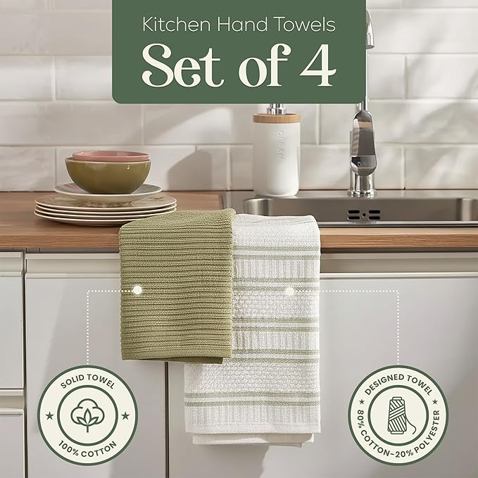 MosJos Kitchen Towels, Cotton Hand Towels, Sage Green and Cream Ribbed - Image 2