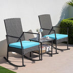 Greesum 3 Pieces Patio Furniture Set Outdoor Wicker Rocking Chairs with Glass Coffee Table for Garden Backyard Porch Poolside, Blue - Image 3