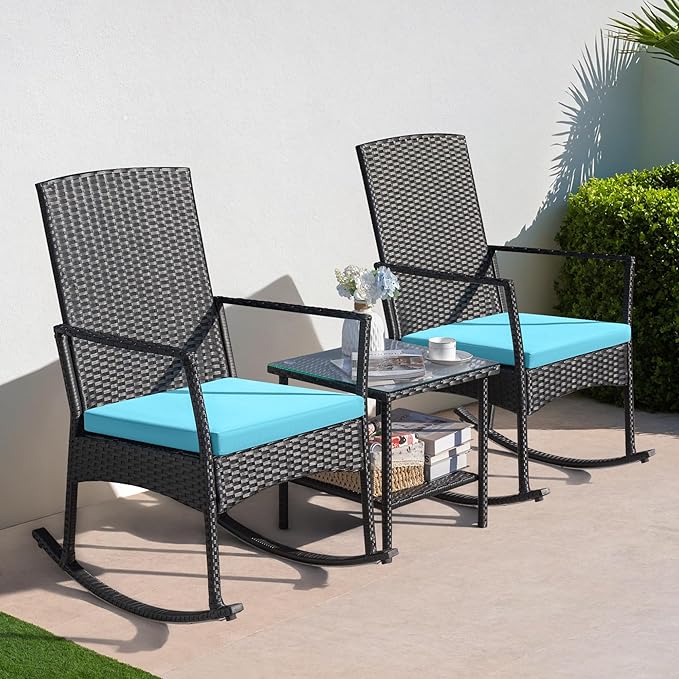Greesum 3 Pieces Patio Furniture Set Outdoor Wicker Rocking Chairs with Glass Coffee Table for Garden Backyard Porch Poolside, Blue - Image 3