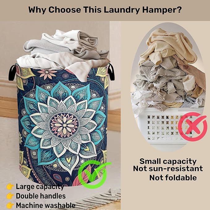 Bohemian Blue Flowers Laundry Basket, Dirty Clothes Basket, Water Resistant - Image 3