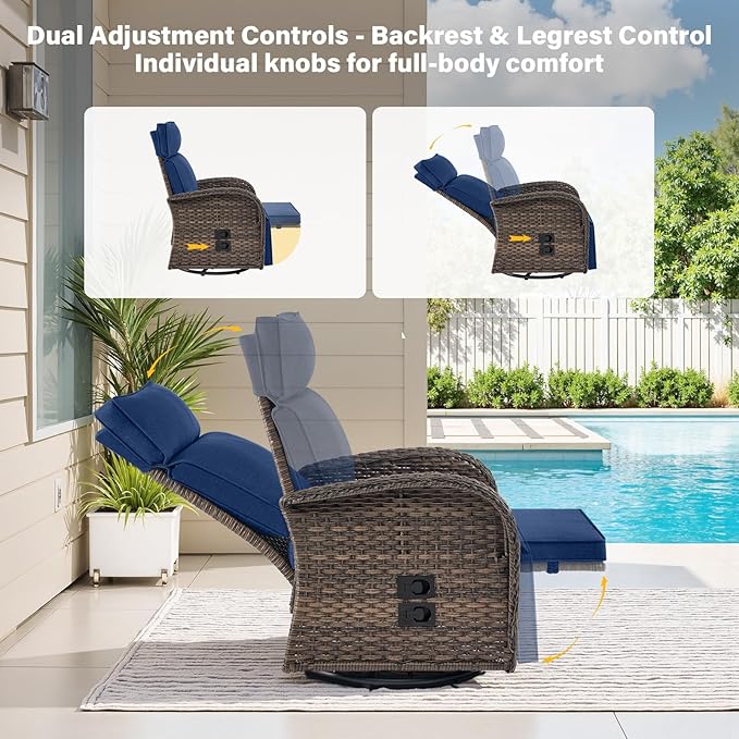 Belord Dual-Adjust Outdoor Swivel Recliner Chair – Wicker Reclining Patio Chair with Adjustable Backrest and Footrest, All-Weather Wicker Chaise Lounge Chair Outdoor for Pool Deck (2.0) - Image 4