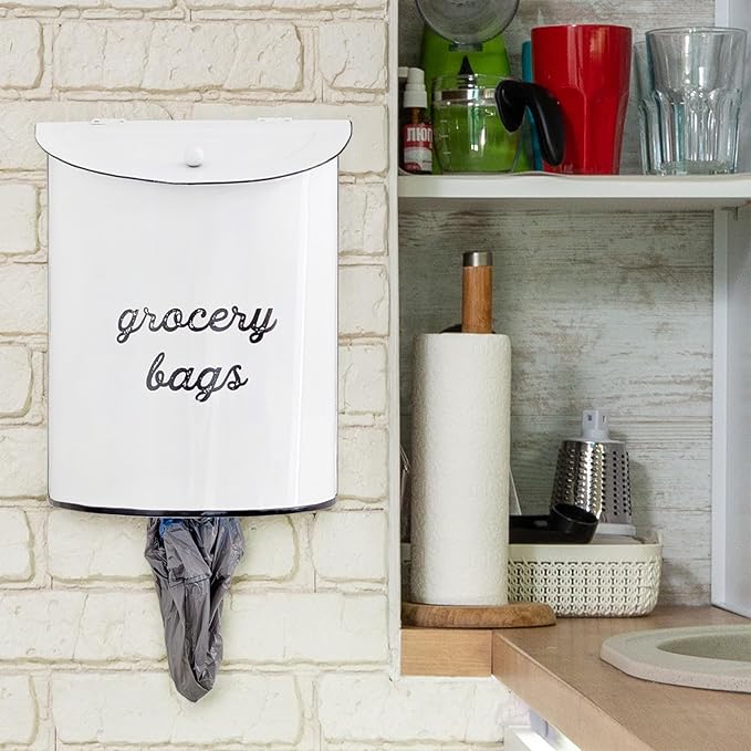 AuldHome Design Rustic Grocery Bag Holder; Wall-Mounted Vintage Enamelware - Image 2