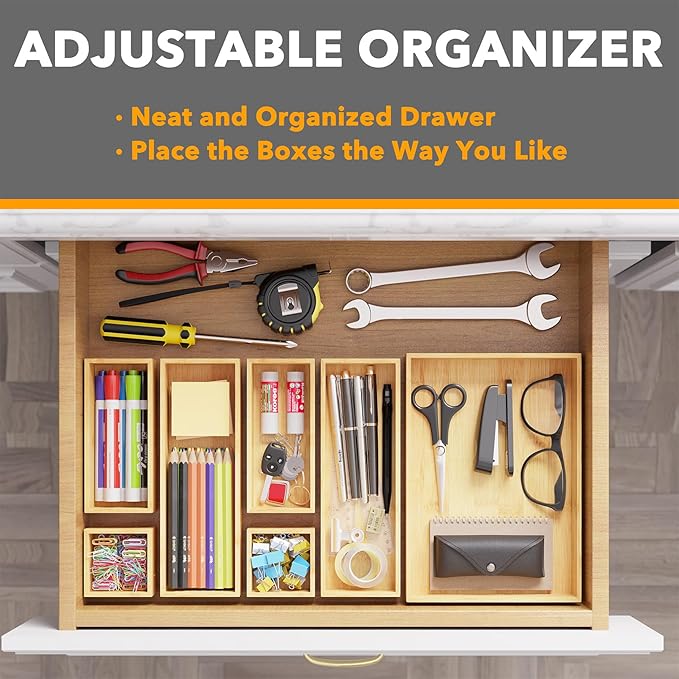 SpaceAid 7-Piece Bamboo Drawer Organizer Storage Boxes Set, Wood Tray Junk - Image 5