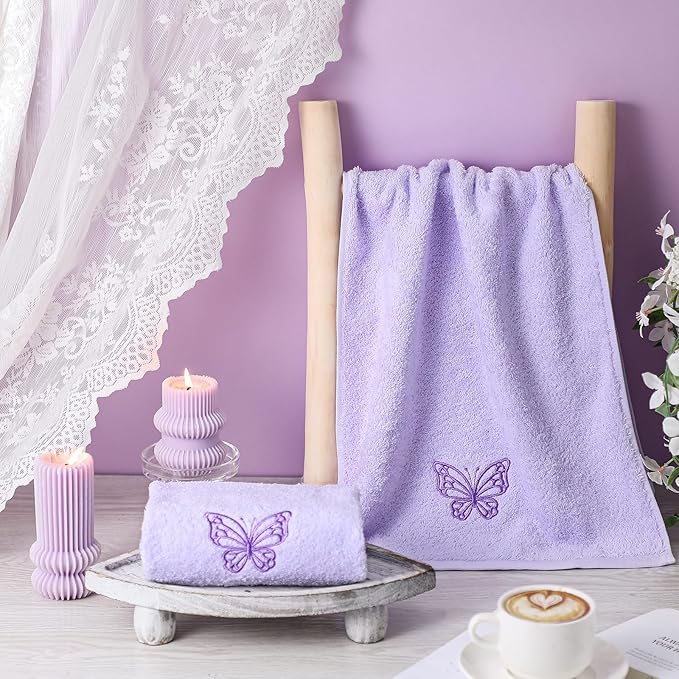 2 Pcs Butterfly Hand Towels Light Purple Bathroom Decor 14x29 Inch Embroidered - Image 2