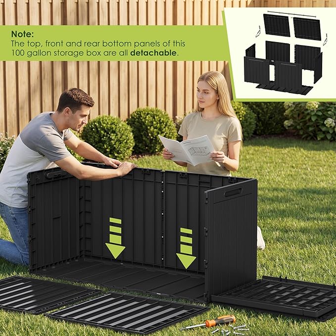 Devoko 100 Gallon Outdoor Storage Box, Waterproof Resin Deck Box for Patio Furniture, Lockable Container for Garden Cushions & Pool Supplies (Black, 100 Gallon) - Image 4