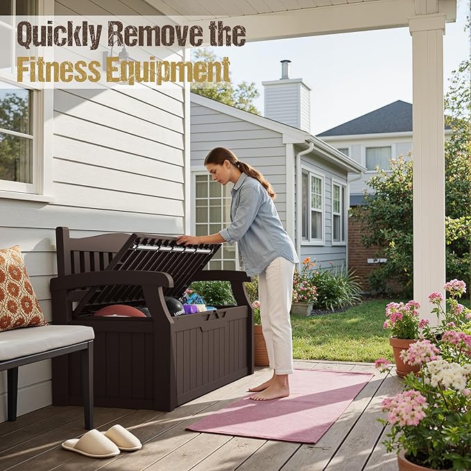 80-Gallon Outdoor Storage Bench, Waterproof Deck Box with Lockable Lid & Armrests for Patio, Garden, Pool, Brown - Image 7