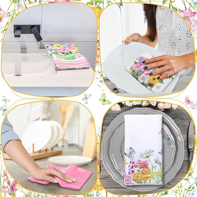 Bencailor 4 Pcs Pink Floral Kitchen Towels Pink and White Flower Hand Dish - Image 2