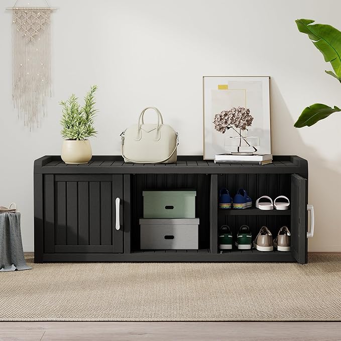 2-Tier Storage Bench, Waterproof UV-Resistant Outdoor Shoe Storage Cabinet with 2 Doors & Adjustable Shelves for Indoor Outdoor Entryway, Hallway, Living Room(Black) - Image 6