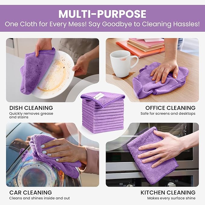 Microfiber Cleaning Cloth, 12 Pack Purple Cleaning Rags - Image 5