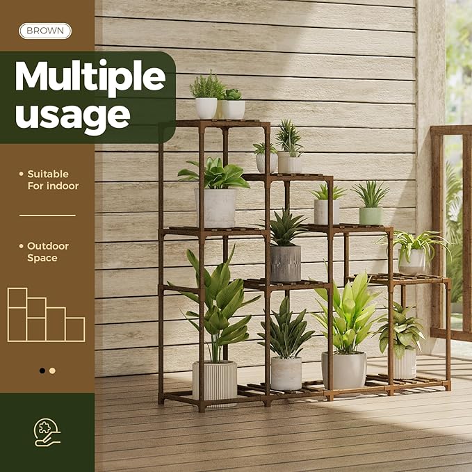 Bamworld Tall Plant Stand Indoor Wood Plant Shelf Outdoor Tiered Plant Rack for Multiple Plants 4 Tiers 10 Pots Ladder Plant Holder Plant Table for Plant Pots Boho Home Decor for Gardening Gifts - Image 4