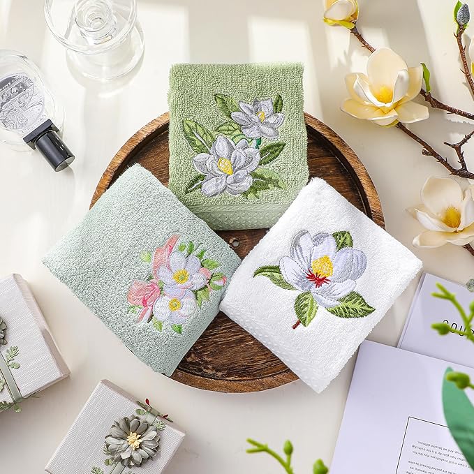 Magnolia Floral Hand Towels Farmhouse Green White Magnolia Bathroom Decor 14x29 - Image 3