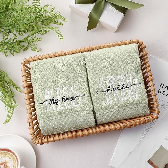 2 Pcs Hello Spring Hand Towels Gray Green Bathroom Decor 14x29 Inch 100% Cotton - Image 2