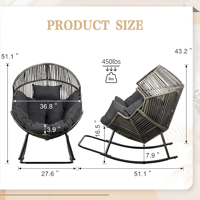 Vongrasig Wicker Rocking Egg Chair PE Rattan with Cushion, Oversized Patio Lounge Rocker Chair for Outdoor, Indoor, Balcony, Backyard, Garden, Black/Rattan - Image 2