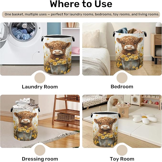 Cute Highland Cow Flower Foldable Canvas Laundry Basket - Image 4