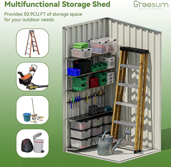 Greesum 3x3FT Outdoor Storage Shed, Small Metal Storaged Sheds with Lockable Doors, Sheds & Outdoor Storage for Backyard, Pool and Garden, Gray - Image 7