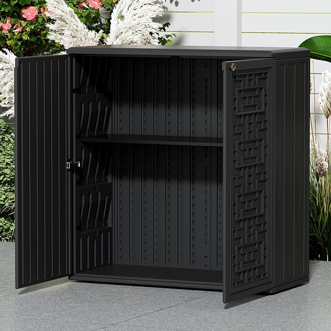 Outdoor Storage Cabinet Waterproof with Shelf,Resin Storage Sheds Outdoor Cabinets for tub Towels/Chemicals/Grill Items/Patio/Garden/Backyard, Size 34.3''L*15''W*36.2''H（Black） - Image 3