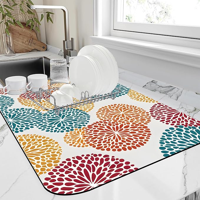 Abstract Floral Elements Dish Drying Mat Artifical Floral Kitchen Mat 16"x24" by Unknown