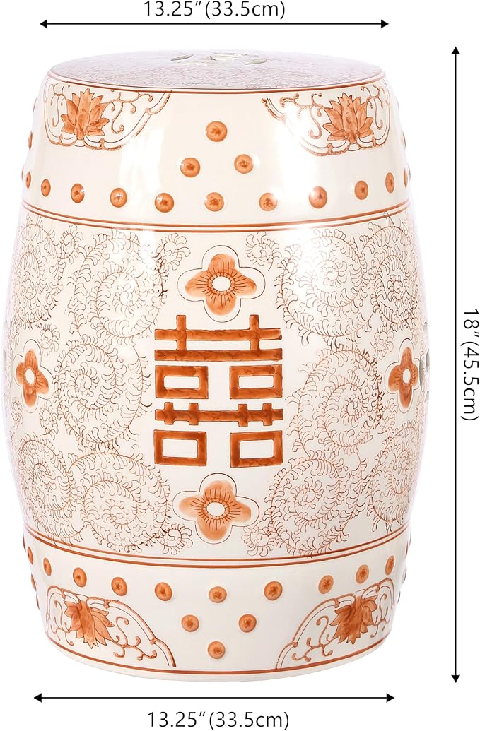 JONATHAN Y TBL1013D Double Happiness 18" Chinoiserie Ceramic Drum Indoor/Outdoor Garden Stool Bohemian, Coastal, Classic, Cottage, Traditional, Patio, Garden, Bathroom, Living Room, Orange/White - Image 3