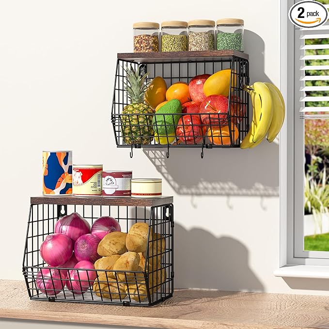 2 Tier Fruit Bowl Fruit Basket for Kitchen Counter Stackable Wall Mounted by Wawocs